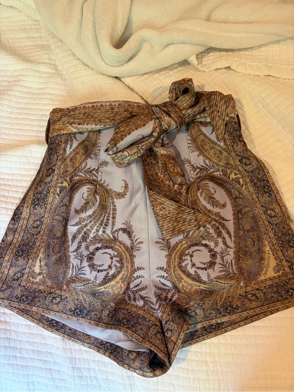 Zimmermann Paisley-Print Silk High-Waist Shorts in Brown and Cream